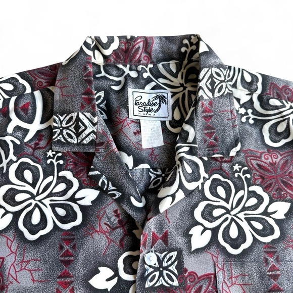 PARADISE STYLE HAWAII Vintage Hawaiian Floral Tribal Print Shirt Mens L Gray Red - Picture 4 of 11